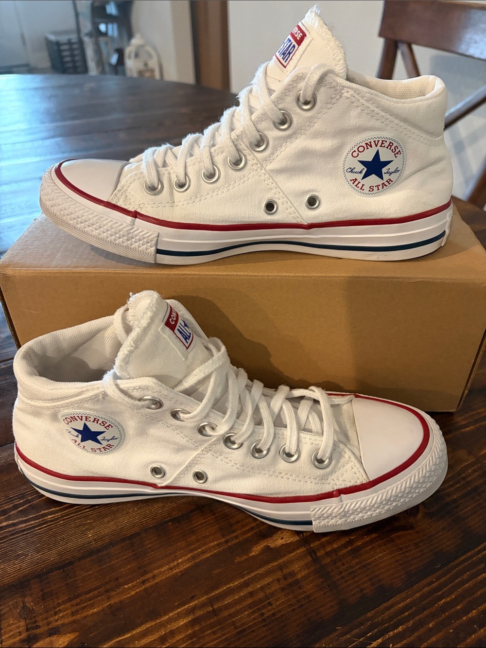 Converse White Mid Top Sneakers with Red & Blue Trim